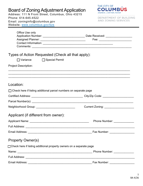 First page of the Board of Zoning Adjustment Application