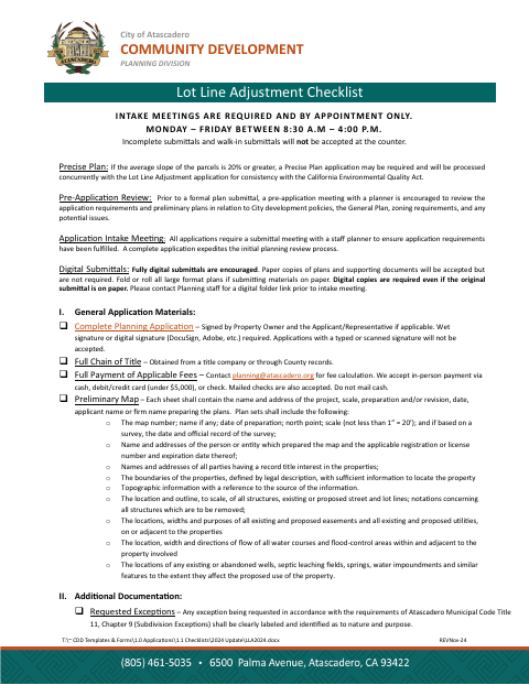 First page of the Lot Line Adjustment Checklist