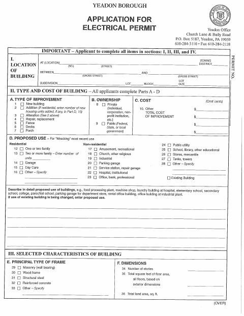 First page of the Electrical Permit Application