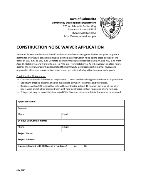 First page of the Construction Noise Waiver Application