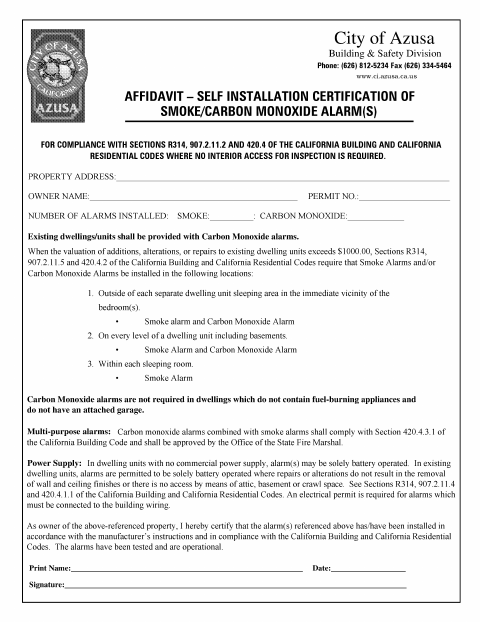 First page of the Smoke/Carbon Monoxide Alarm Affidavit