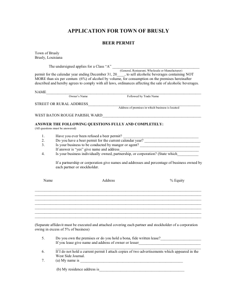 First page of the Class A Beer Permit Application