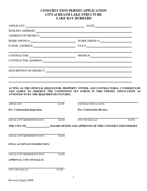 First page of the Lake Ray Hubbard Structure Construction Permit Application