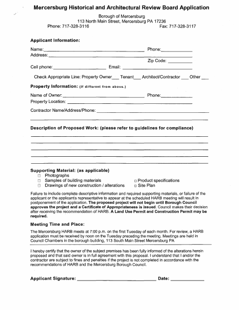 First page of the Historical and Architectural Review Board Application