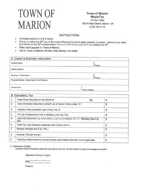 First page of the Meals Tax Form