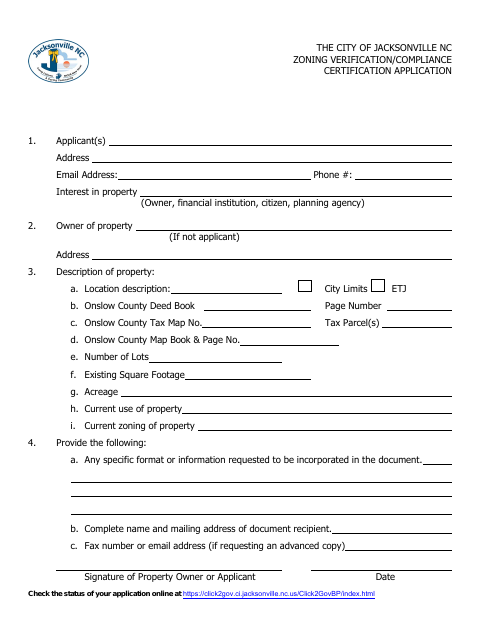 First page of the Zoning Verification and Compliance Certification Application