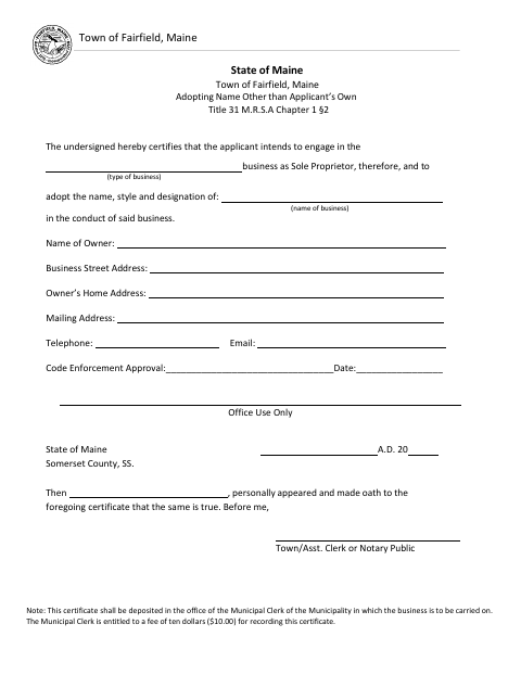 First page of the Sole Proprietor Assumed Name Certificate