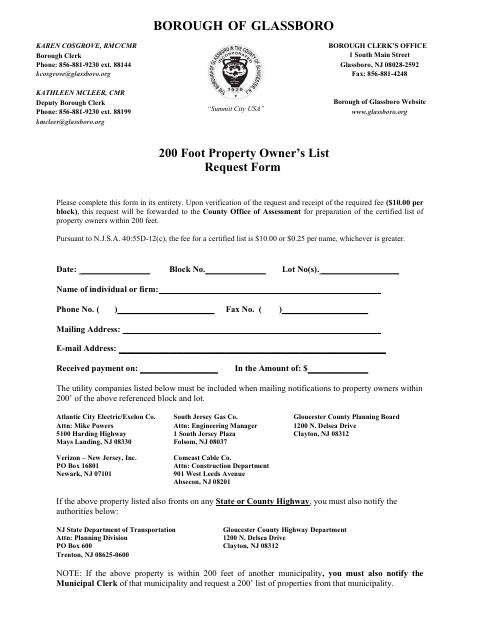 First page of the 200 Foot Property Owner’s List Request Form