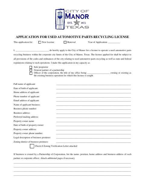First page of the Used Automotive Parts Recycling License Application