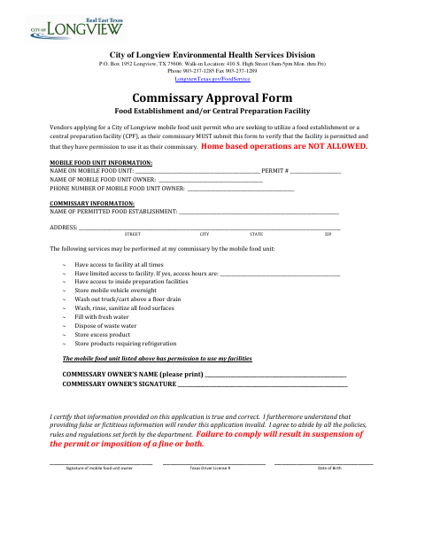 First page of the Commissary Approval Form