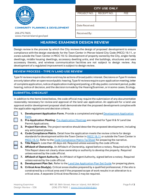 First page of the Hearing Examiner Design Review
