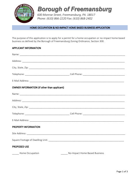 First page of the Home Occupation & No-Impact Home-Based Business Application