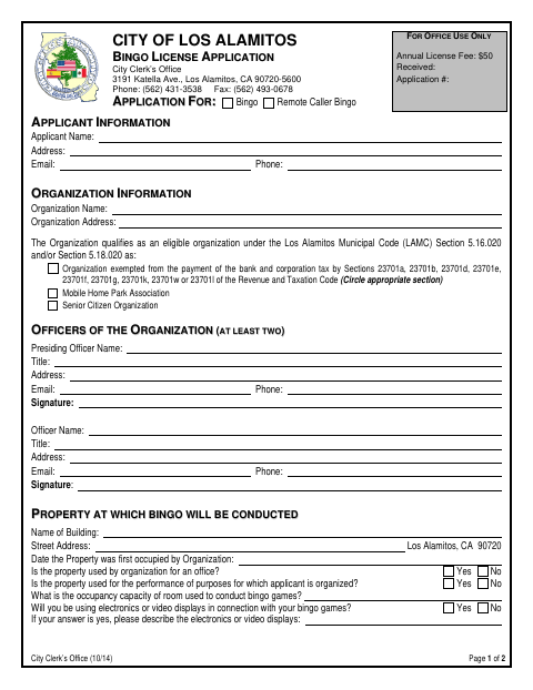 First page of the Bingo License Application