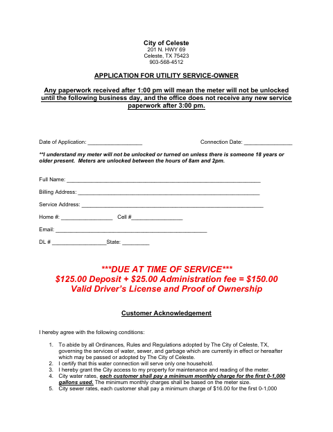 First page of the Application for Utility Service—Owner