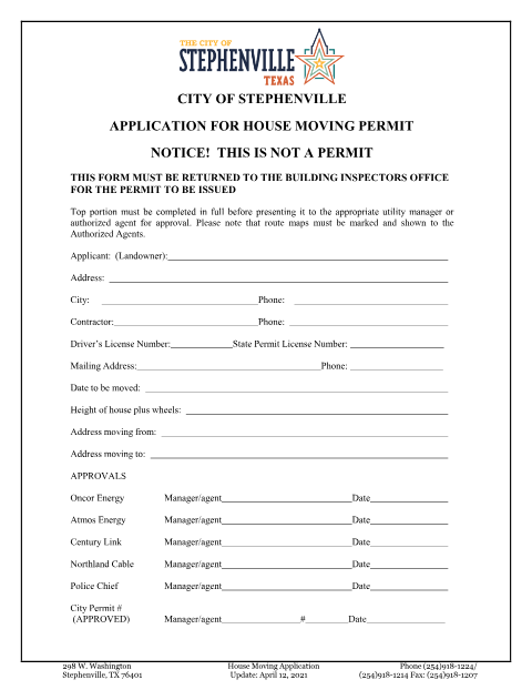 First page of the House Moving Permit Application