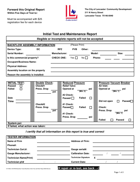 First page of the Initial Test and Maintenance Report