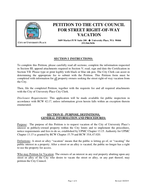 First page of the Petition to the City Council for Street Right-of-Way Vacation