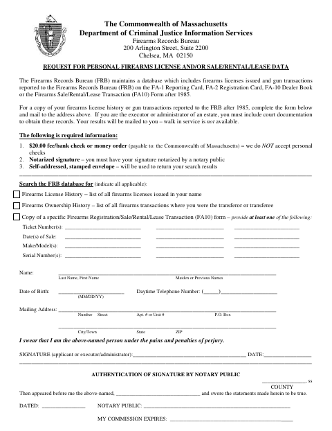 First page of the Request for Personal Firearms License and Sale/Rental/Lease Data
