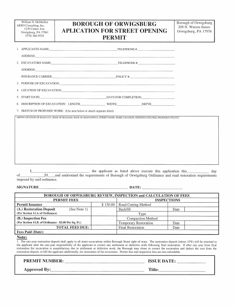 First page of the Street Opening Permit Application