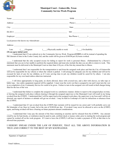 First page of the Community Service Work Program