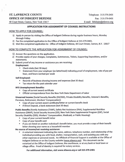 First page of the Application for Assignment of Counsel