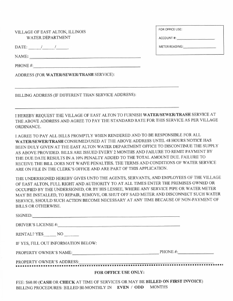First page of the Water Agreement Form