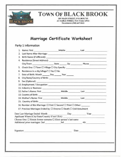 First page of the Marriage Certificate Worksheet