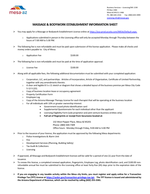 First page of the Massage & Bodywork Establishment License Application