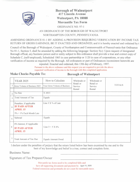 First page of the Mercantile Tax Form