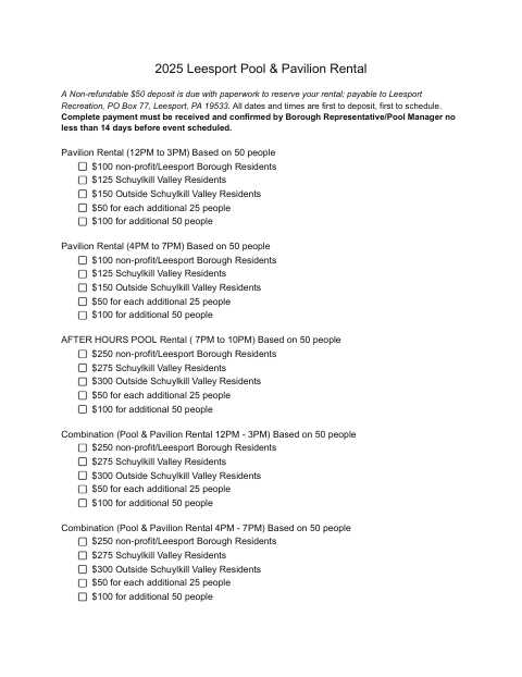 First page of the Pool Pavilion Rental