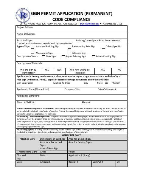 First page of the Permanent Sign Permit Application
