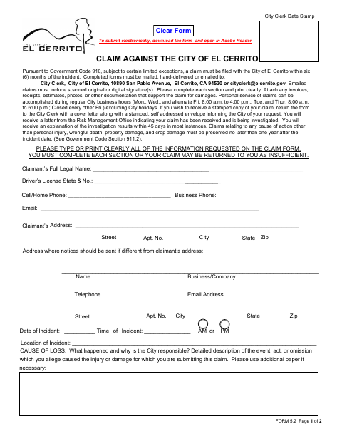 First page of the Claim Against the City