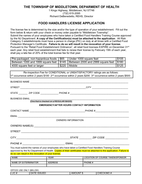First page of the Food Handlers License Application