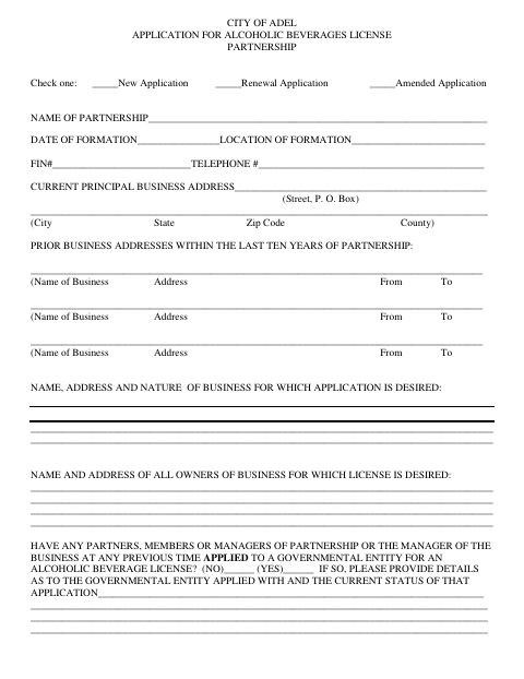 First page of the Alcoholic Beverages License Application for Partnership