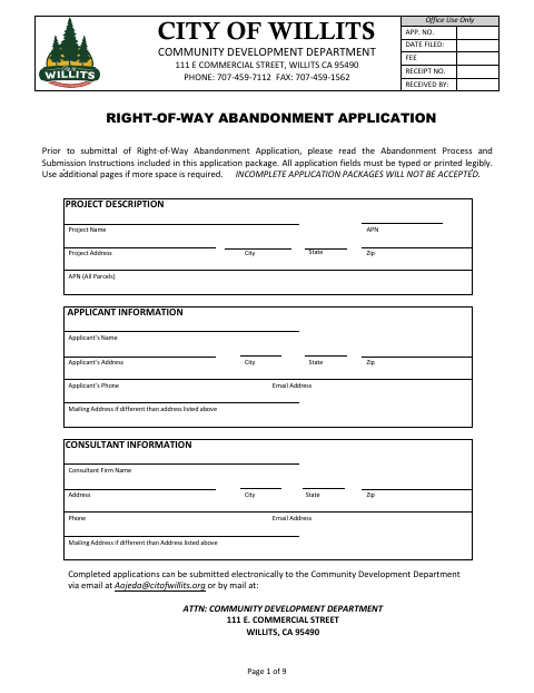 First page of the Right-of-Way Abandonment Application