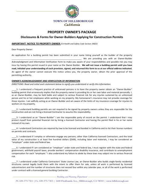 First page of the Property Owner’s Package (Owner-Builder Disclosures & Forms)