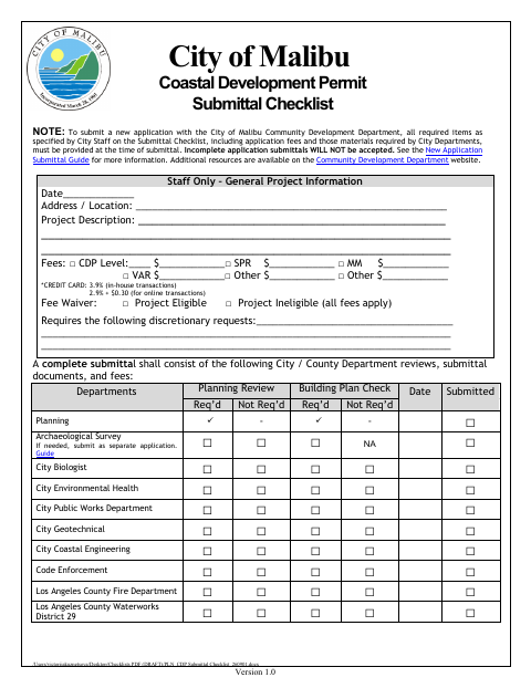 First page of the Coastal Development Permit Submittal Checklist