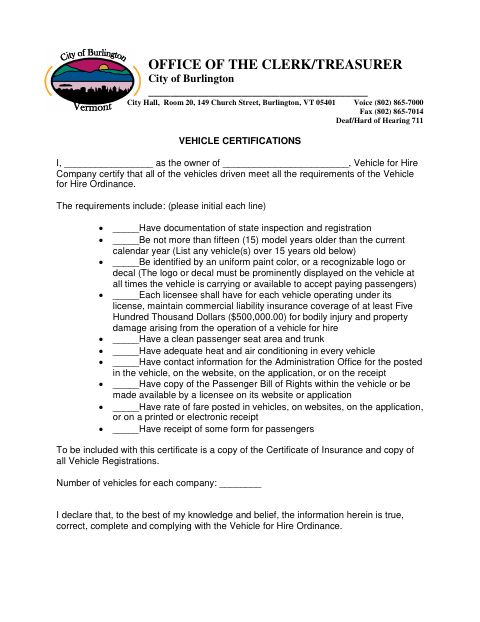 First page of the Vehicle for Hire Vehicle Certifications