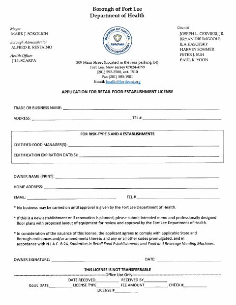 First page of the Retail Food Establishment License Application