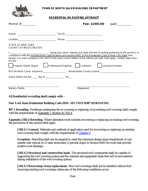 First page of the Residential Re-Roofing Affidavit