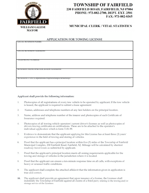 First page of the Towing License Application