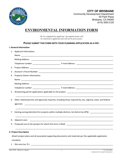 First page of the Environmental Information Form