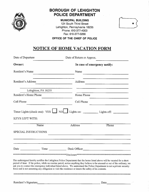 First page of the Notice of Home Vacation Form
