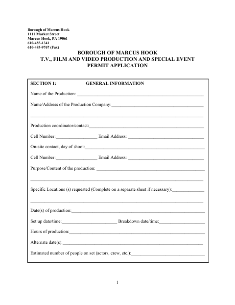 First page of the T.V., Film and Video Production and Special Event Permit Application