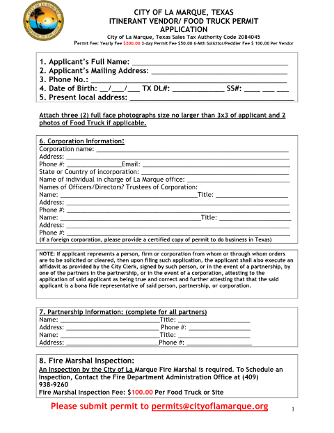 First page of the Itinerant Vendor Permit Application