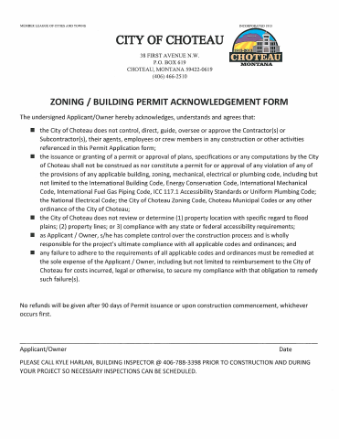 First page of the Building and Zoning Permit Application