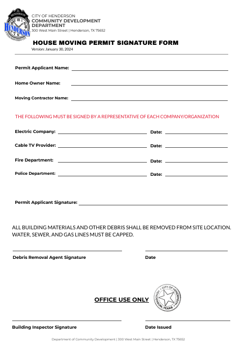 First page of the House Moving Permit Signature Form