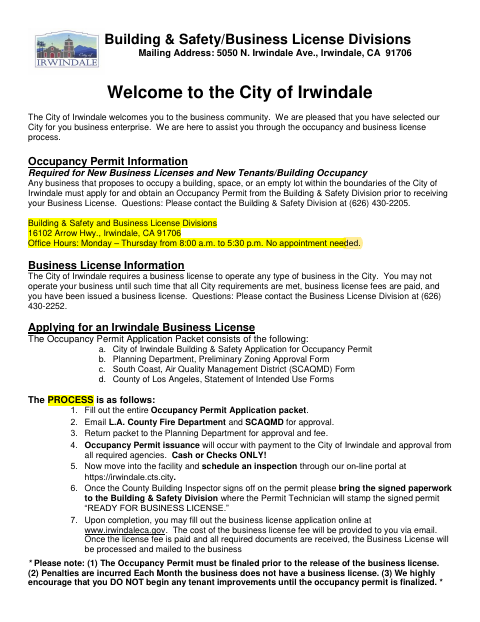 First page of the Occupancy Permit Application