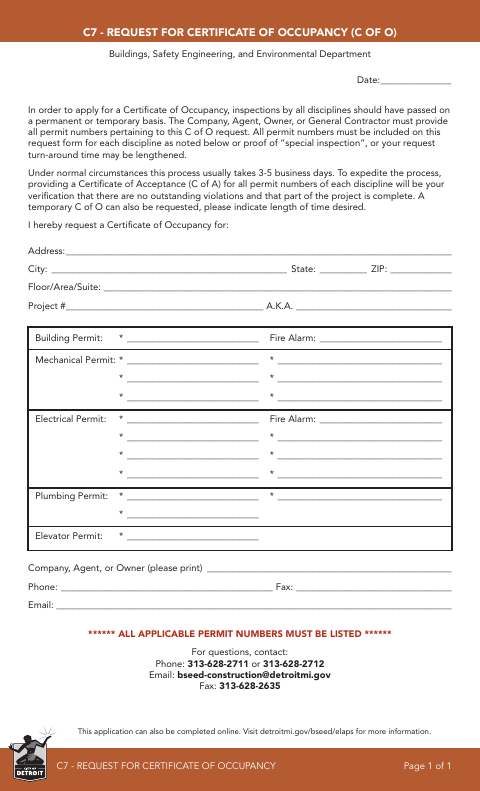 First page of the Request for Certificate of Occupancy
