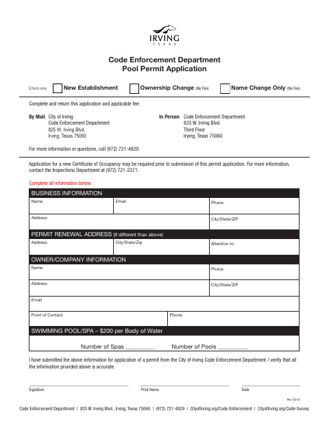 First page of the Pool Permit Application